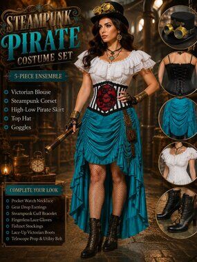 HALLOWEEN: Steampunk Victorian Pirate Costume 5-Piece Set Turquoise Black White